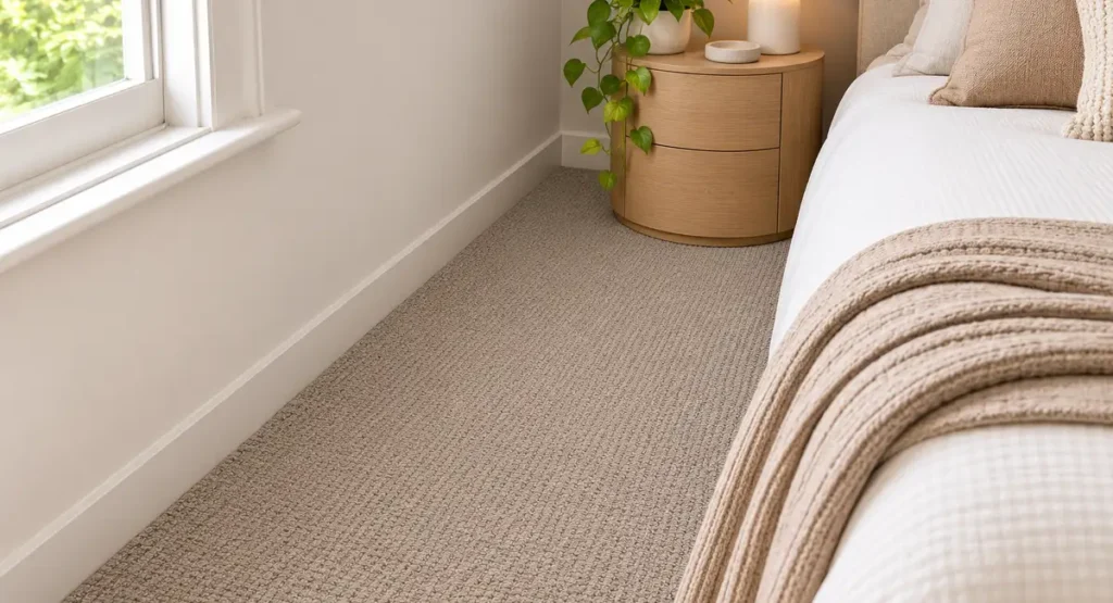 Neutral beige carpet in a bright modern interior with natural furnishings. Apartment carpet range by Go Carpets.