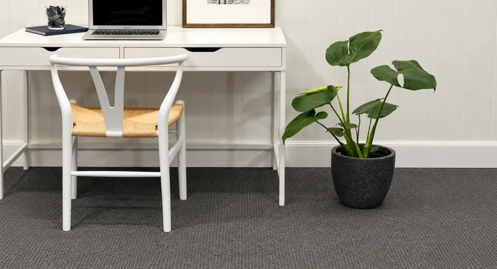 Dark grey Kingscliff textured carpet in a modern home office with white furniture, available from Go Carpets Gold Coast and Tweed Heads.